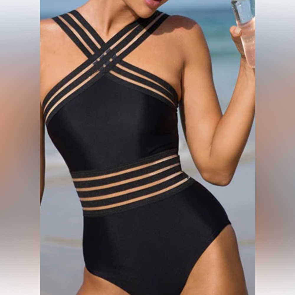 NWOT Black mesh halter cross front bathing suit M